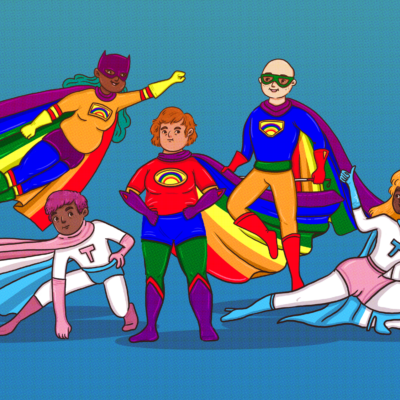 Tegning av fem personer som er superhelter med trans- og pridefargede uniformer.