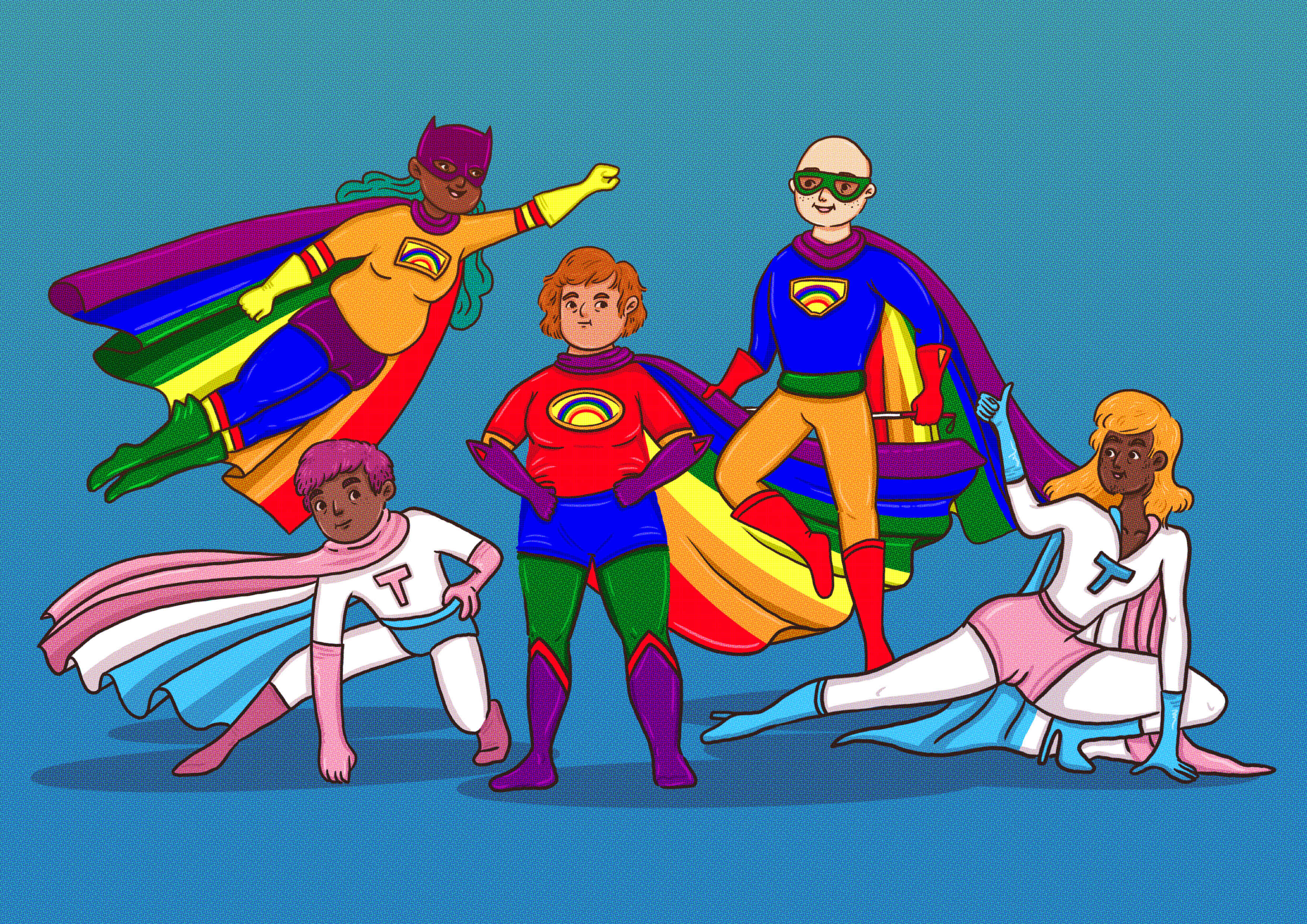 Tegning av fem personer som er superhelter med trans- og pridefargede uniformer.