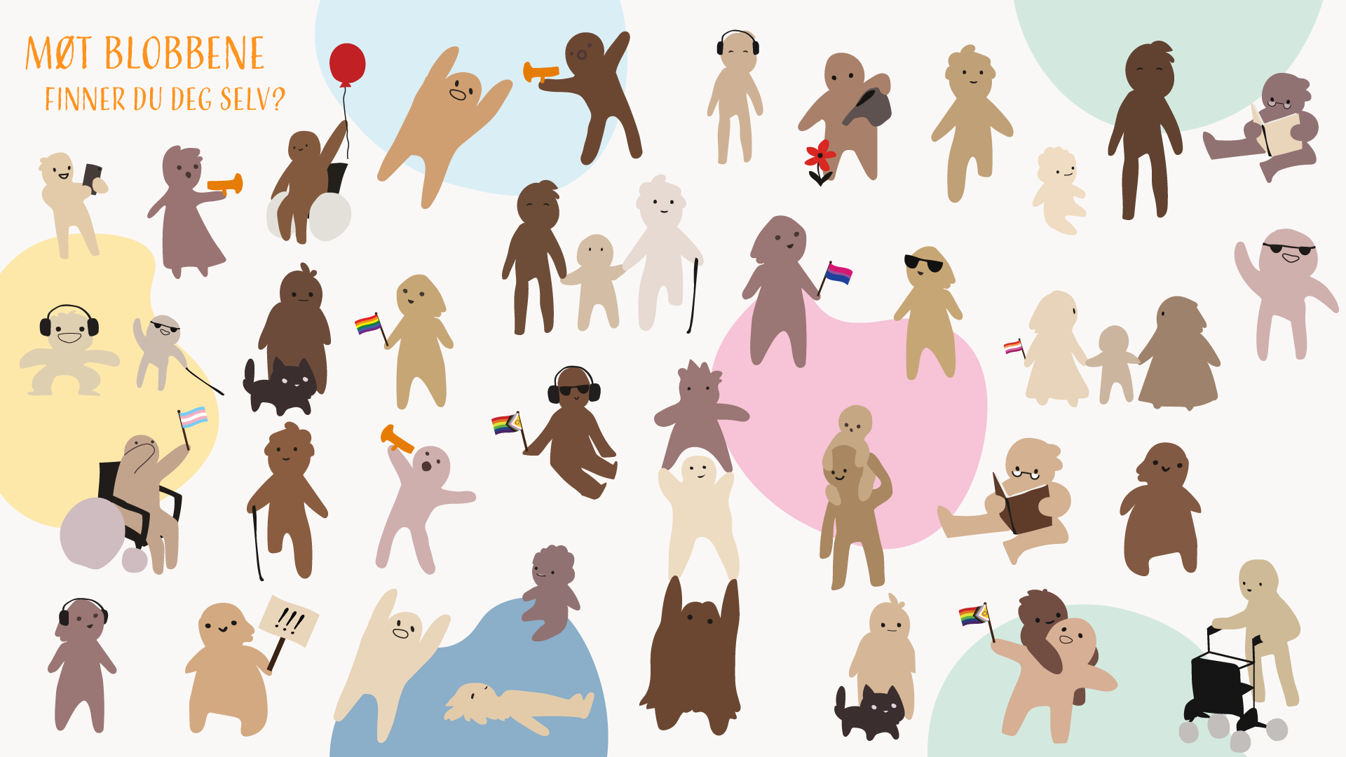 Enkle tegning av mangfoldige mennesker i alle farger og fasonger.