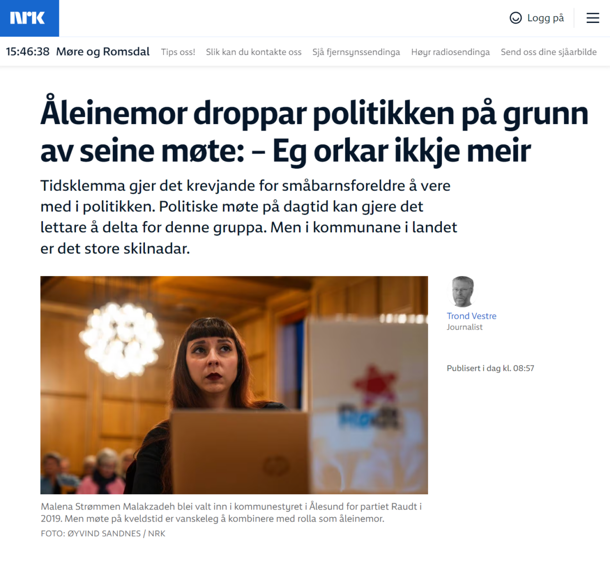 Skjermdump av NRK-artikkelen. Bildet viser Malena Strømmen Malakzadeh.