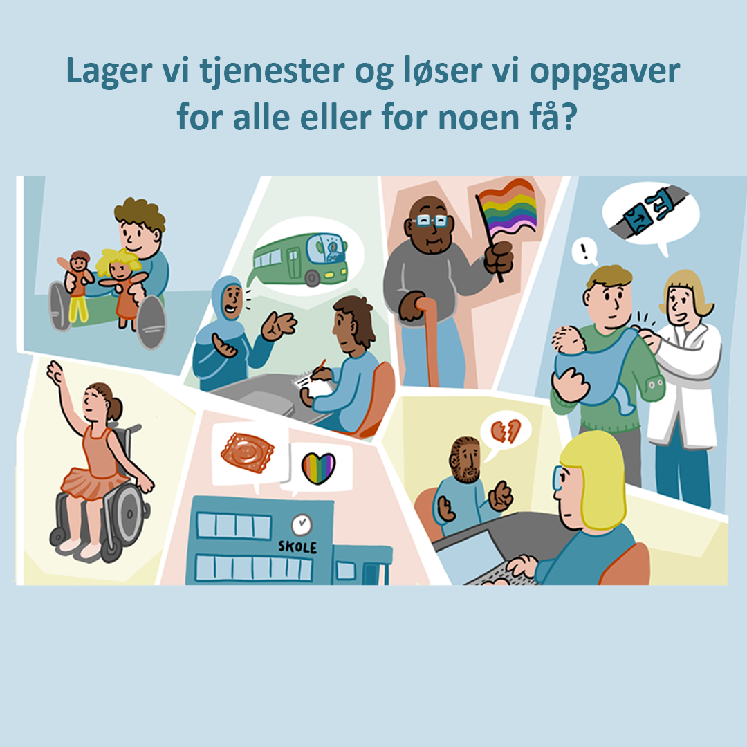 Teksten "lager vi tjenester og løser vi oppgaver for alle eller for noen få" står over en plakat med tegninger av et mangfold mennesker i ulike situasjoner.