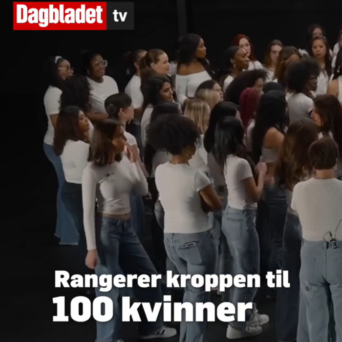 En gruppe kvinner står samlet, alle med hvit topp. Teksten sier: Rangerer kroppen til 100 kvinner.