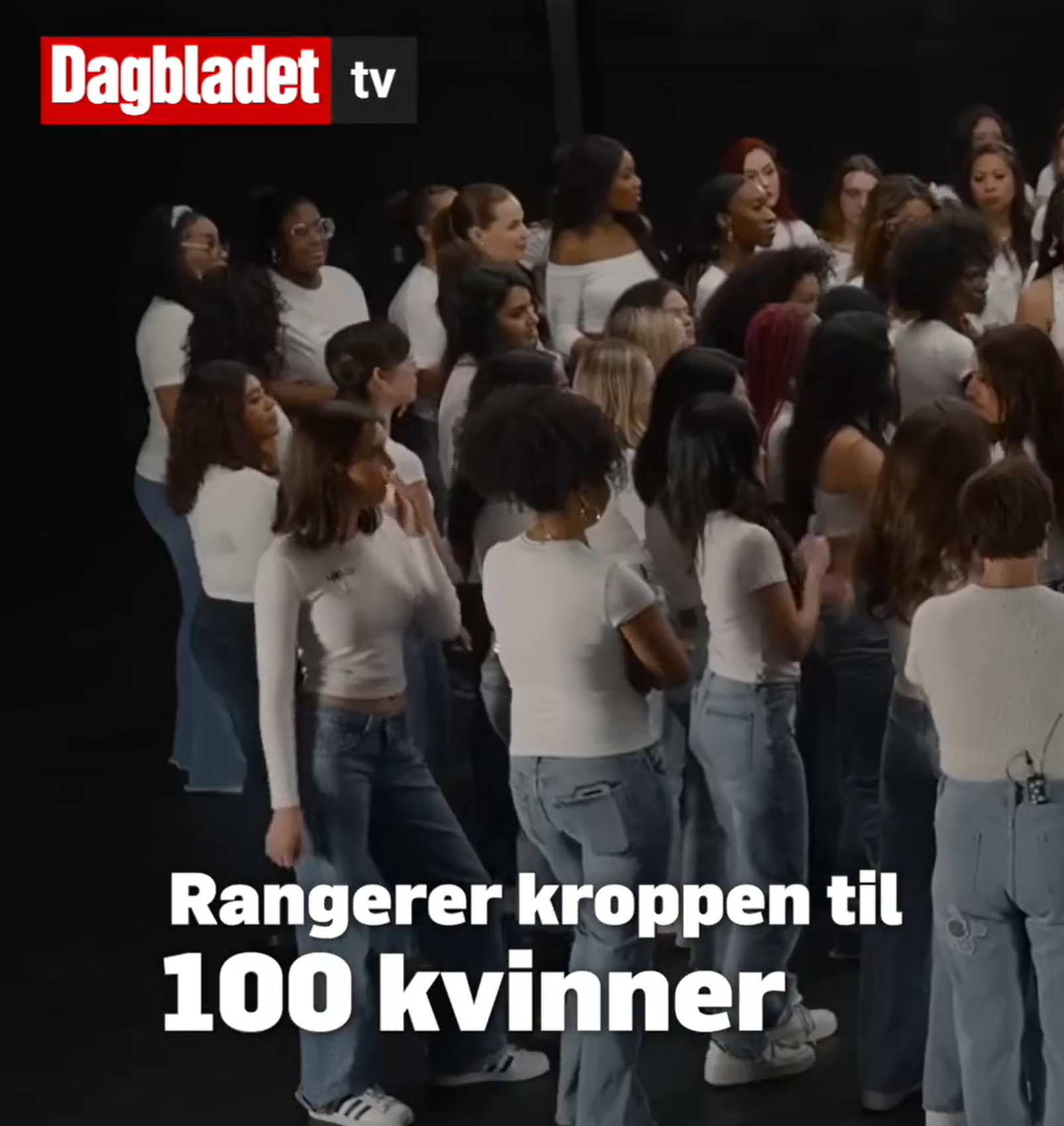 En gruppe kvinner står samlet, alle med hvit topp. Teksten sier: Rangerer kroppen til 100 kvinner.