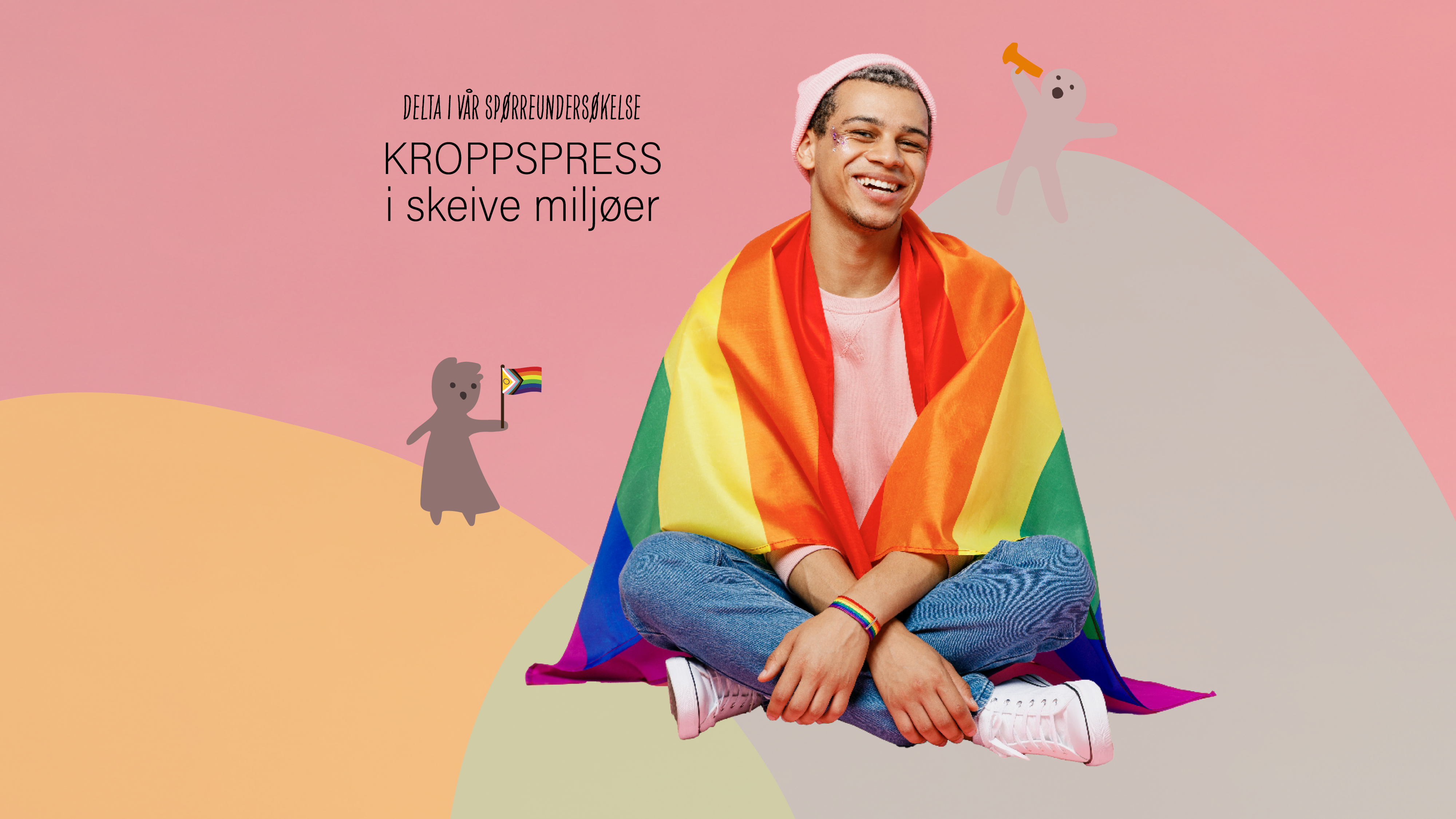 En person sitter med et regnbueflagg rudnt seg.