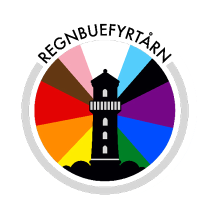 En fyrtårn omgitt av regnbuens farger.