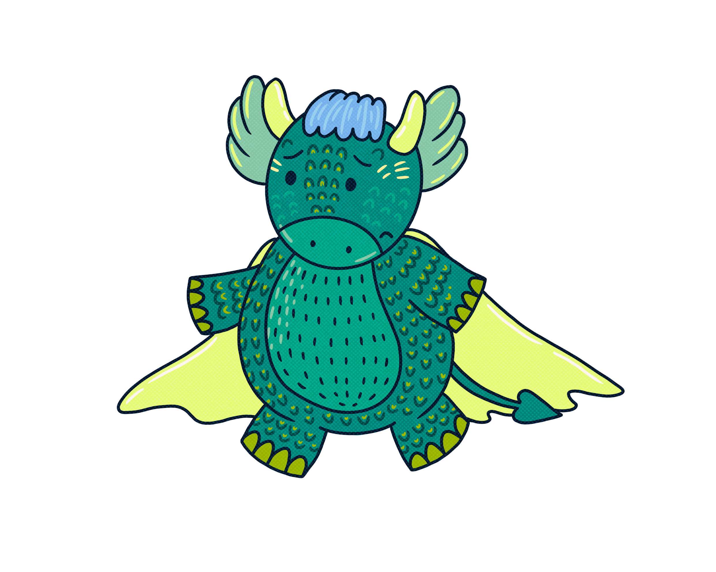 Tegning av Desta Drage, en grønn kosedyr-drage.