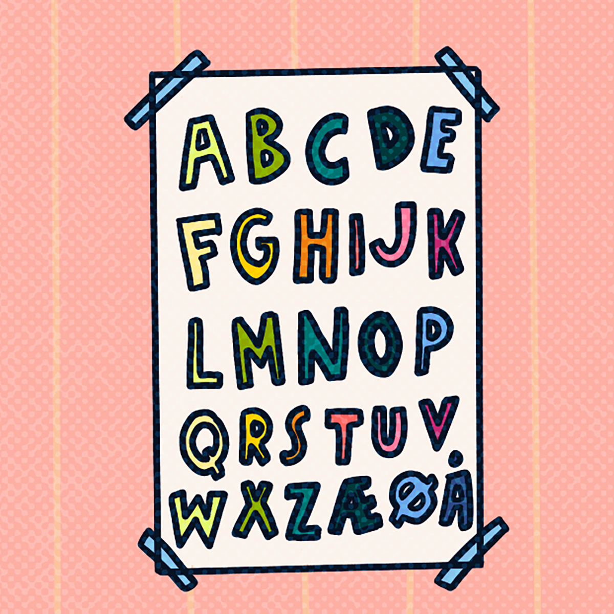 En tegnet plakat med alfabetet.