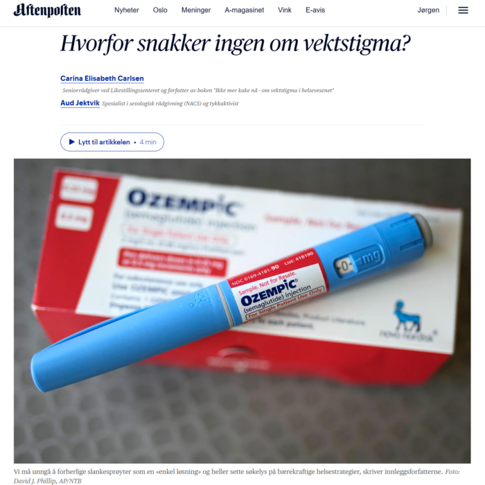 SKjermdump fra Aftenposten. Tittelen Hvorfor snakker ingen om vektstigma står over et bilde av en Ozempiz-sprøyte.