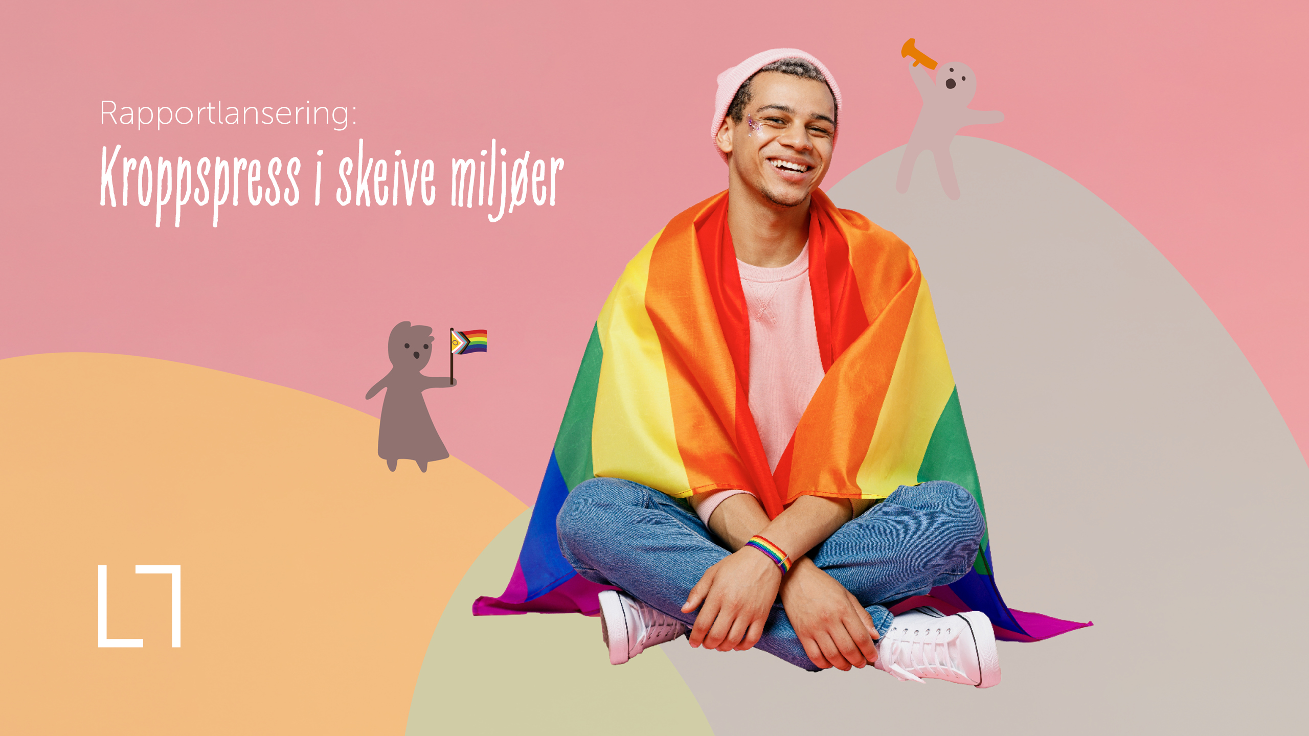En person sitter med et regnbueflagg rundt skuldrene. Teksten Rapportlansering: Kroppspress i skeive miljøer står skrevet bak.