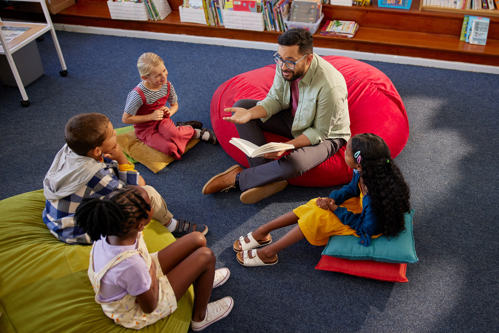 Barnehagelærer sitter sammen med fire elever og leser en bok.